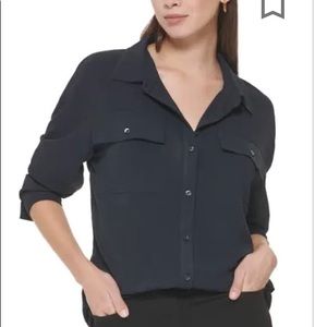 NWT Calvin Klein Black Blouse Bottom Down Career